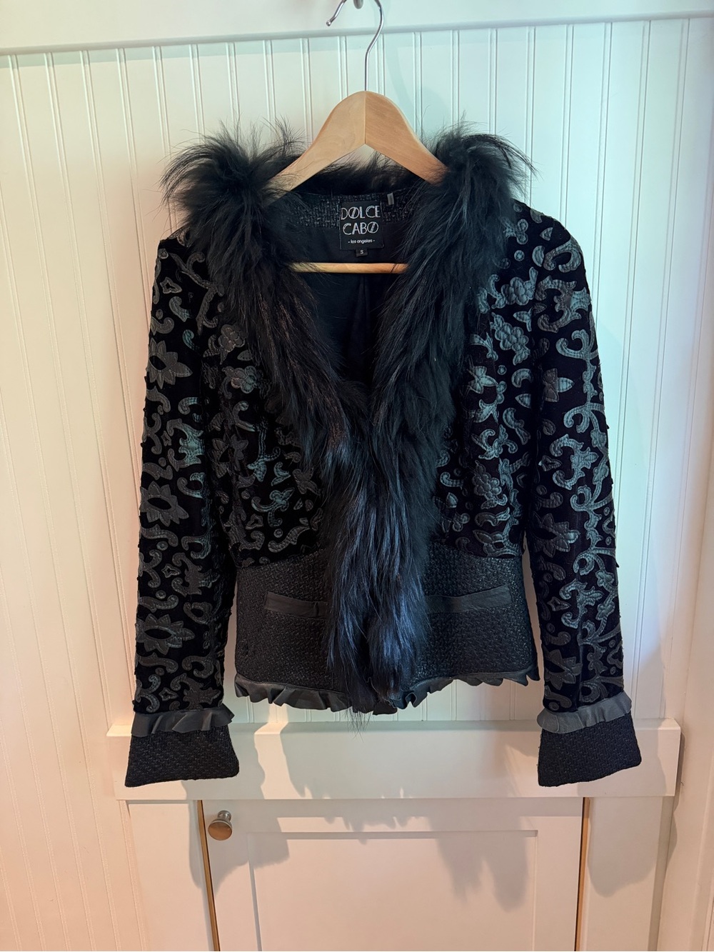 Dolce Cabo Black Embroidered Jacket with Real Fur Trim